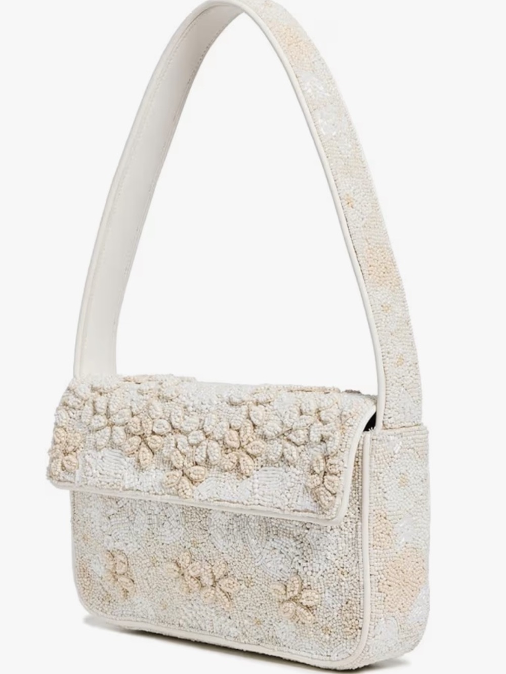 STAUD Beaded Floral Shoulder Tommy Bag in Ivory and Beige